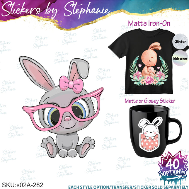 (s02A-282) Bunny Rabbit Cartoon Illustrated Graphic Iron-On Transfer or Sticker