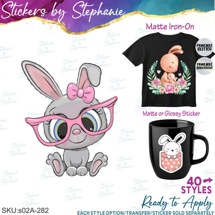 (s02A-282) Bunny Rabbit Cartoon Illustrated Graphic Iron-On Transfer or Sticker