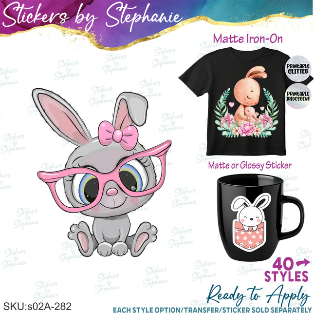 (s02A-282) Bunny Rabbit Cartoon Illustrated Graphic Iron-On Transfer or Sticker