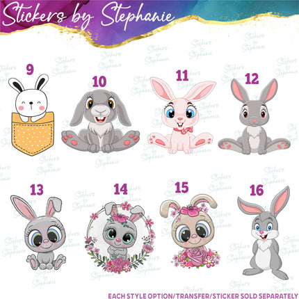 (s02A-282) Bunny Rabbit Cartoon Illustrated Graphic Iron-On Transfer or Sticker