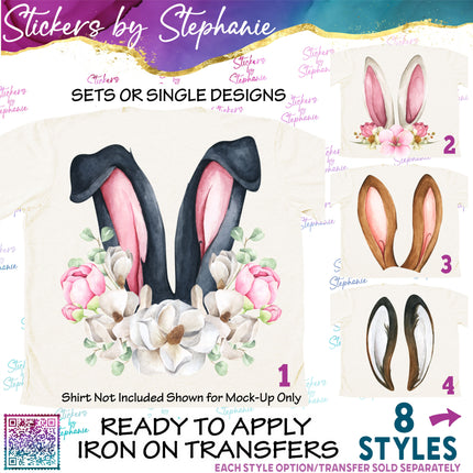 (s02A-284) Bunny Ears Rabbit Flowers Watercolor Graphic Iron-On Transfer or Sticker