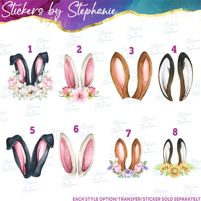 (s02A-284) Bunny Ears Rabbit Flowers Watercolor Graphic Iron-On Transfer or Sticker