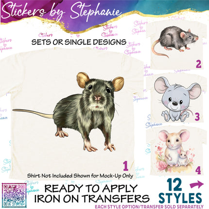 (s02A-293) Mouse Mice Rat Illustrated Graphic Iron-On Transfer or Sticker