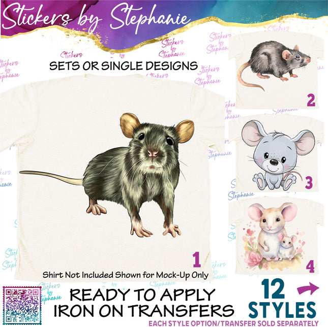 (s02A-293) Mouse Mice Rat Illustrated Graphic Iron-On Transfer or Sticker