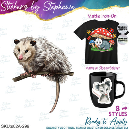 (s02A-299) Opossum Possum Graphic Iron-On Transfer or Sticker