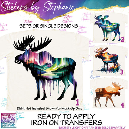 (s02A-302) Moose Double Exposure Illustrated Graphic Iron-On Transfer or Sticker