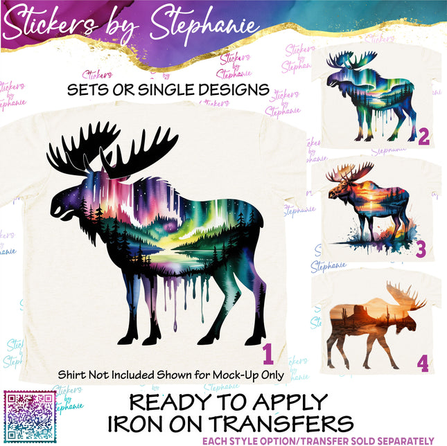(s02A-302) Moose Double Exposure Illustrated Graphic Iron-On Transfer or Sticker