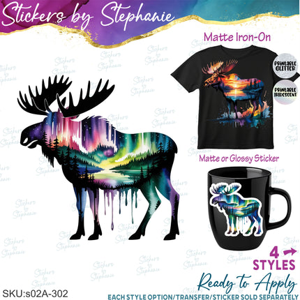 (s02A-302) Moose Double Exposure Illustrated Graphic Iron-On Transfer or Sticker