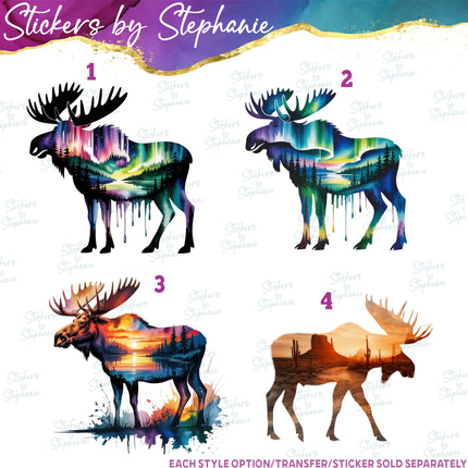 (s02A-302) Moose Double Exposure Illustrated Graphic Iron-On Transfer or Sticker