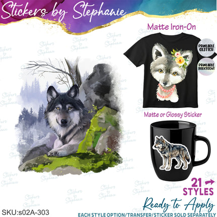 (s02A-303) Wolf Wolves Graphic Iron-On Transfer or Sticker