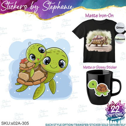(s02A-350) Turtle Cartoon Illustrated Graphic Iron-On Transfer or Sticker