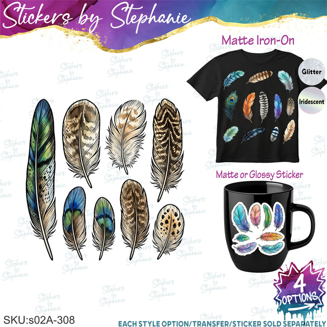 (s02A-309) Bird Feathers Bundle Set Graphic Iron-On Transfer or Sticker