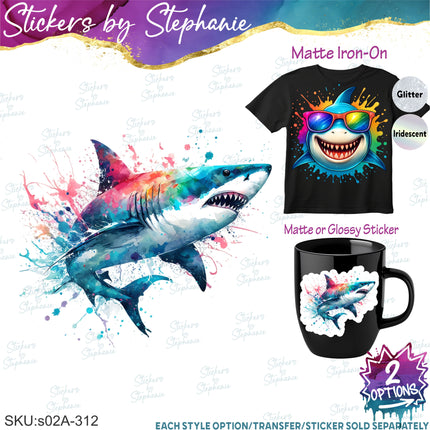 (s02A-312) Shark Color Splash Illustrated Graphic Iron-On Transfer or Sticker