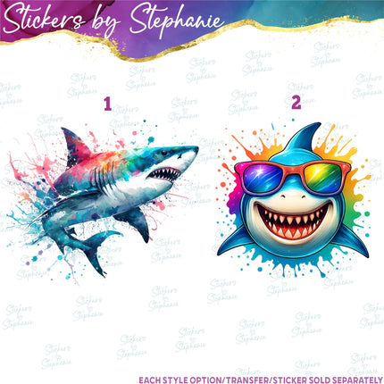 (s02A-312) Shark Color Splash Illustrated Graphic Iron-On Transfer or Sticker
