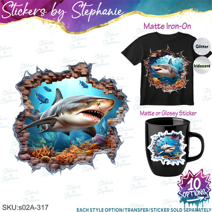 (s02A-317) Shark Broken Wall Window Graphic Iron-On Transfer or Sticker