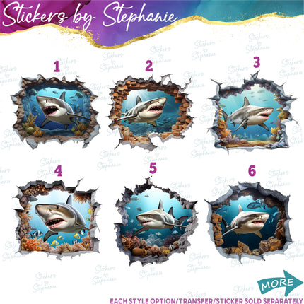 (s02A-317) Shark Broken Wall Window Graphic Iron-On Transfer or Sticker