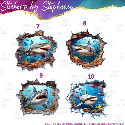 (s02A-317) Shark Broken Wall Window Graphic Iron-On Transfer or Sticker