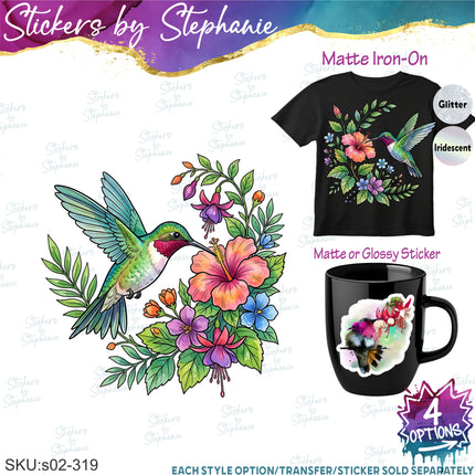 (s02A-319) Hummingbird Flowers Illustrated Graphic Iron-On Transfer or Sticker