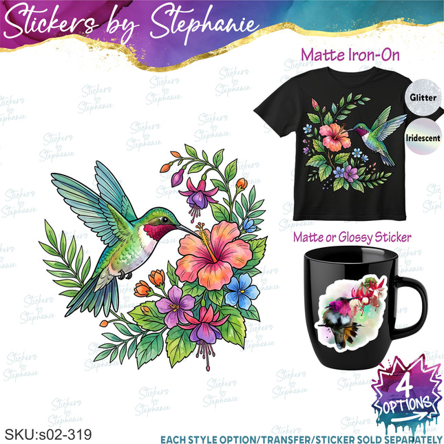 (s02A-319) Hummingbird Flowers Illustrated Graphic Iron-On Transfer or Sticker