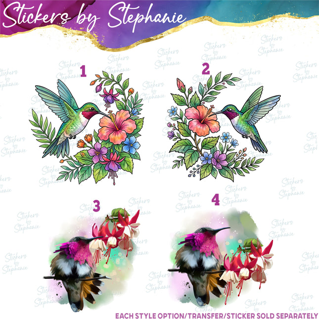 (s02A-319) Hummingbird Flowers Illustrated Graphic Iron-On Transfer or Sticker