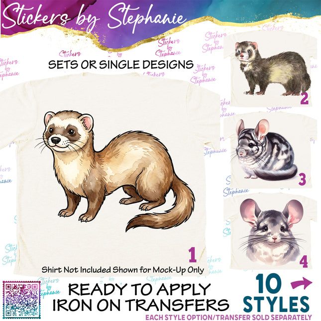 (s02A-340) Ferret Chincilla Watercolor Graphic Iron-On Transfer or Sticker