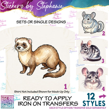 (s02A-340) Ferret Chincilla Watercolor Graphic Iron-On Transfer or Sticker
