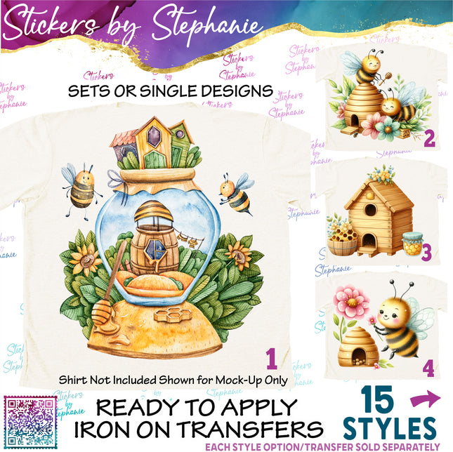 (s02A-347) Beehive Bee Hive Honeycomb Illustrated Graphic Iron-On Transfer or Sticker