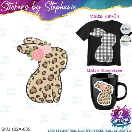 (s02A-035) Bunny Rabbit Leopard Flowers Iron-On Transfer or Sticker