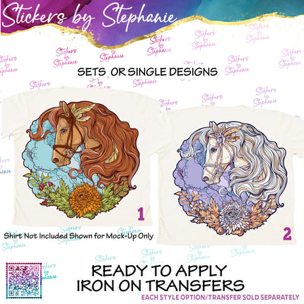 (s02A-351) Horse Flowers Graphic Iron-On Transfer or Sticker