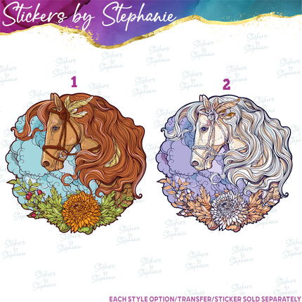 (s02A-351) Horse Flowers Graphic Iron-On Transfer or Sticker