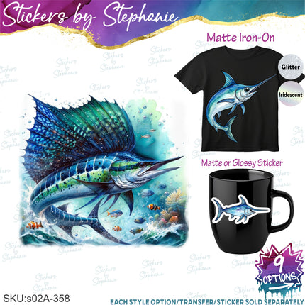 (s02A-358) Marlin Sailfish Swordfish Illustrated Graphic Iron-On Transfer or Sticker
