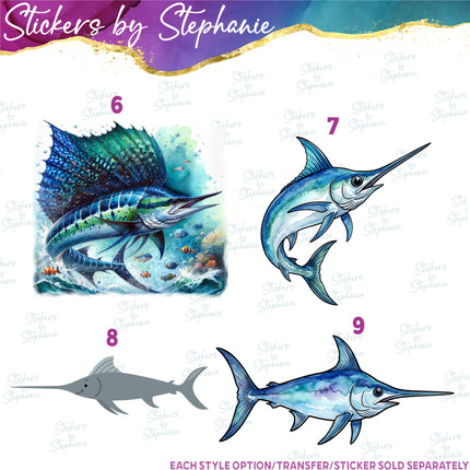(s02A-358) Marlin Sailfish Swordfish Illustrated Graphic Iron-On Transfer or Sticker