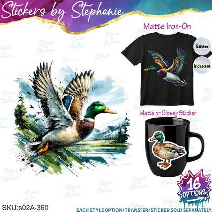 (s02A-360) Wood Duck Mallard Illustrated Graphic Iron-On Transfer or Sticker