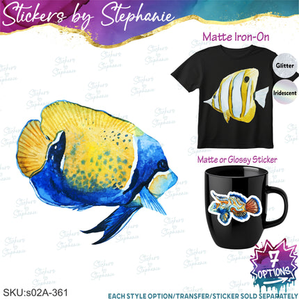 (s02A-361) Tropical Fish Watercolor Graphic Iron-On Transfer or Sticker