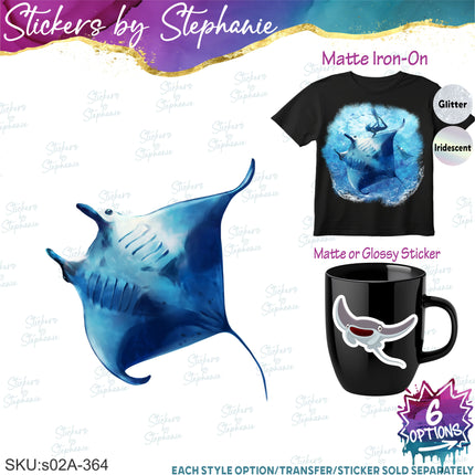 (s02A-364) Manta Sting Ray Illustrated Graphic Iron-On Transfer or Sticker