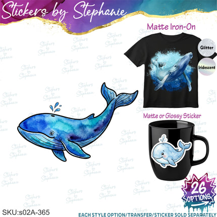 (s02A-365) Whale Watercolor Illustrated Graphic Iron-On Transfer or Sticker