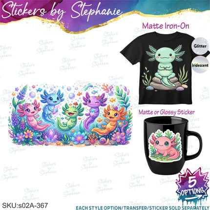 (s02A-367) Axolotl Illustrated Graphic Iron-On Transfer or Sticker