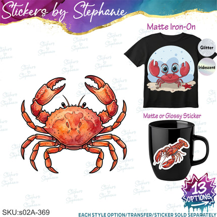 (s02A-369) Crab Lobster Shrimp Illustrated Graphic Iron-On Transfer or Sticker