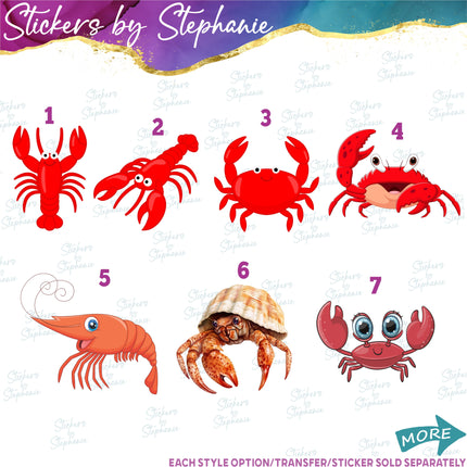 (s02A-369) Crab Lobster Shrimp Illustrated Graphic Iron-On Transfer or Sticker