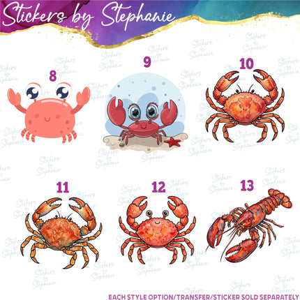 (s02A-369) Crab Lobster Shrimp Illustrated Graphic Iron-On Transfer or Sticker