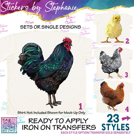 (s02A-376) Chicken Hen Rooster Chick Illustrated Graphic Iron-On Transfer or Sticker
