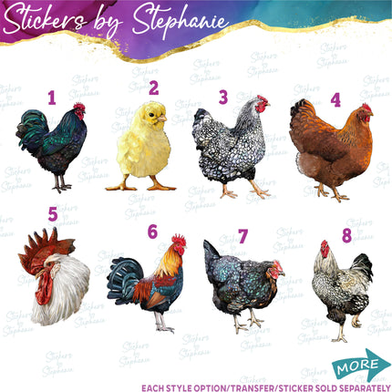 (s02A-376) Chicken Hen Rooster Chick Illustrated Graphic Iron-On Transfer or Sticker