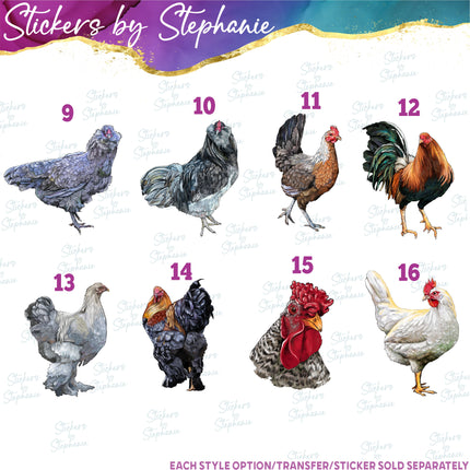 (s02A-376) Chicken Hen Rooster Chick Illustrated Graphic Iron-On Transfer or Sticker