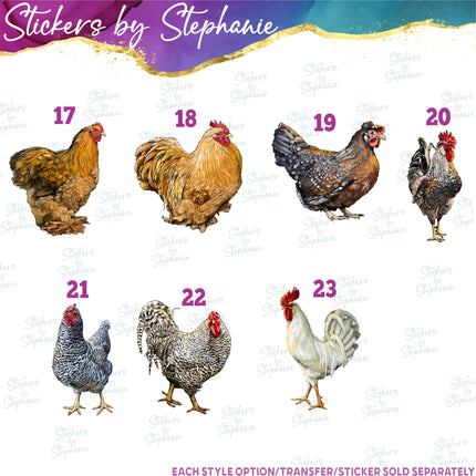 (s02A-376) Chicken Hen Rooster Chick Illustrated Graphic Iron-On Transfer or Sticker