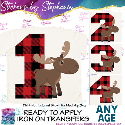 (s02A-378) Moose Buffalo Plaid Number Age Graphic Iron-On Transfer or Sticker