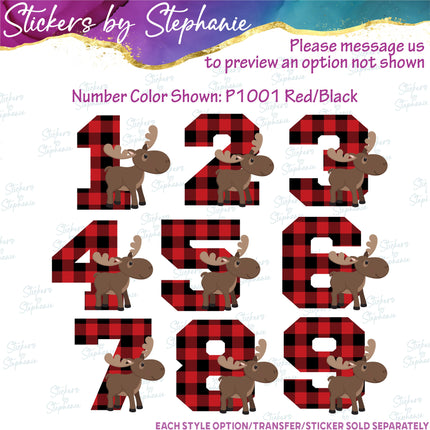 (s02A-378) Moose Buffalo Plaid Number Age Graphic Iron-On Transfer or Sticker