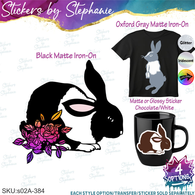 (s02A-384) Dutch Rabbit Flowers Graphic Iron-On Transfer or Sticker