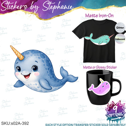 (s02A-392) Narwhal Illustrated Graphic Iron-On Transfer or Sticker