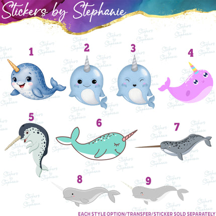 (s02A-392) Narwhal Illustrated Graphic Iron-On Transfer or Sticker