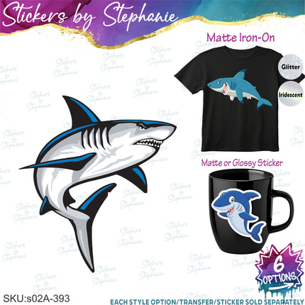 (s02A-393) Shark Cartoon Illustrated Graphic Iron-On Transfer or Sticker